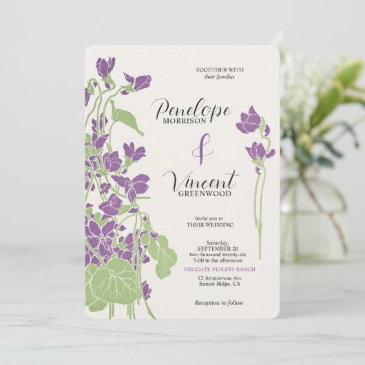Invitation Violet Fleurs Letterpress Style Mariage (Debout devant)