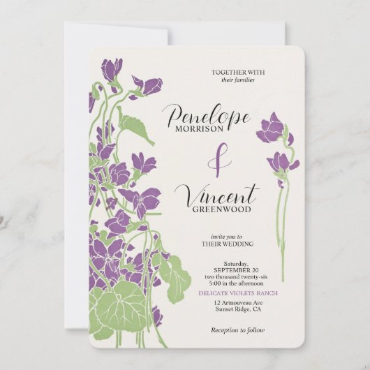 Invitation Violet Fleurs Letterpress Style Mariage (Devant)
