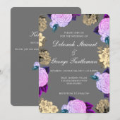 Invitation Violet Floral Bohème Gris Foncé Changeant Charbon (Devant / Derrière)
