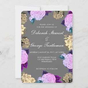 Invitation Violet Floral Bohème Gris Foncé Changeant Charbon