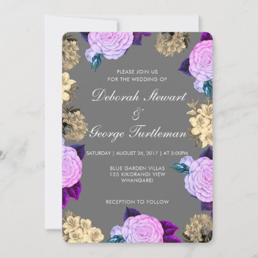 Invitation Violet Floral Bohème Gris Foncé Changeant Charbon (Devant)
