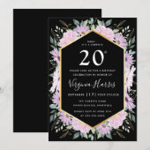Invitation Violet Floral Noir Vingt-vingtième anniversaire (Devant / Derrière)