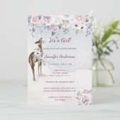 Invitation Violet Floral Rose Deer Girl Baby shower (Debout devant)