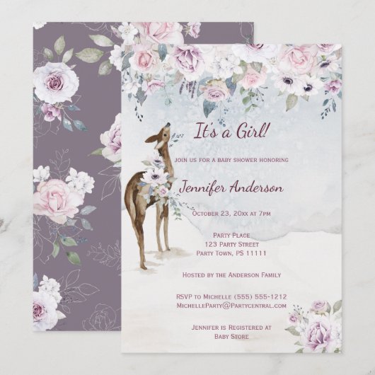 Invitation Violet Floral Rose Deer Girl Baby shower (Devant / Derrière)