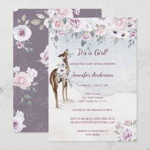 Invitation Violet Floral Rose Deer Girl Baby shower