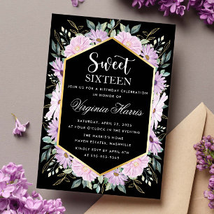 Invitation Violet Floral Sweet sixteen noir 16 Anniversaire