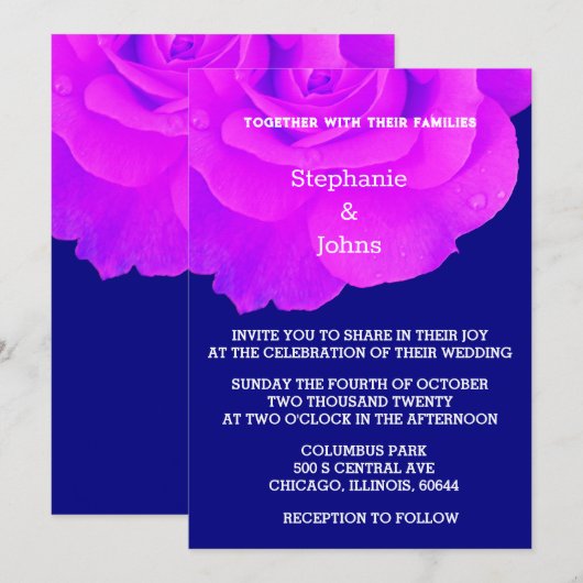 Invitation Violet Floral violet rose rose Mariage bleu marine (Devant / Derrière)