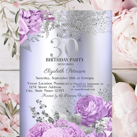 Invitation Violet Flowers Glitter Lilac 30th Birthday  
