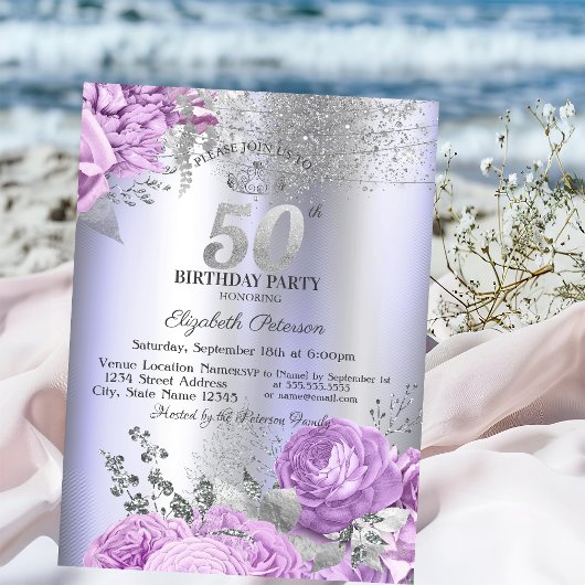 Invitation Violet Flowers Glitter Lilac 50th Birthday  