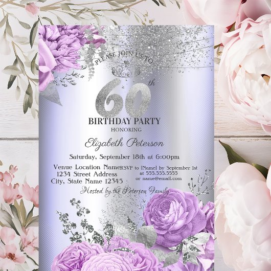 Invitation Violet Flowers Glitter Lilac 60th Birthday  