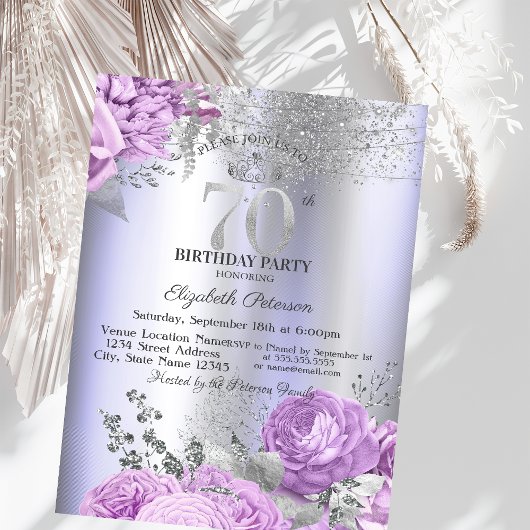 Invitation Violet Flowers Glitter Lilac 70th Birthday