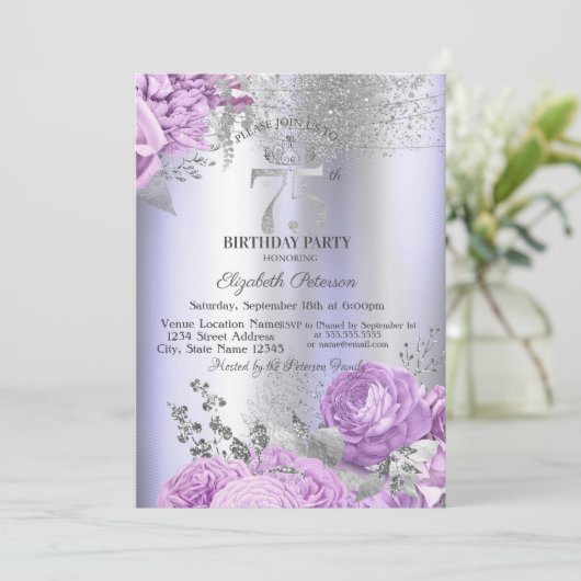 Invitation Violet Flowers Glitter Lilac 75th Birthday (Debout devant)