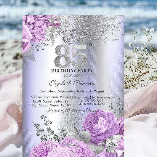 Invitation Violet Flowers Glitter Lilac 85th Birthday  