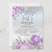 Invitation Violet Flowers Glitter Silver 80th Birthday   (Devant)