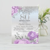 Invitation Violet Flowers Glitter Silver 80th Birthday   (Debout devant)