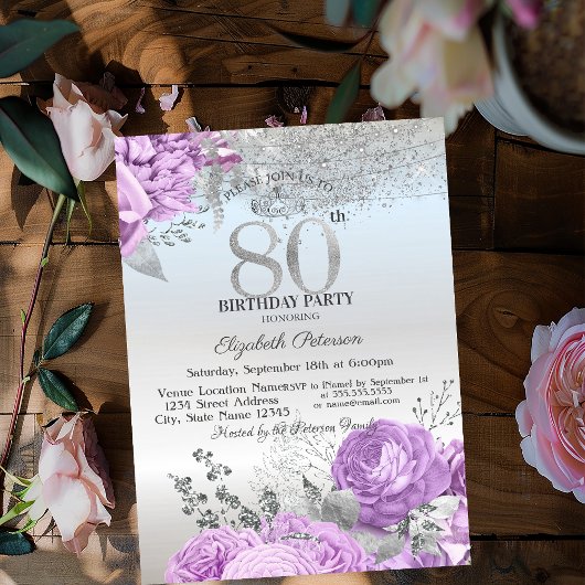 Invitation Violet Flowers Glitter Silver 80th Birthday  