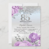 Invitation Violet Flowers Glitter Silver 85th Birthday (Devant)