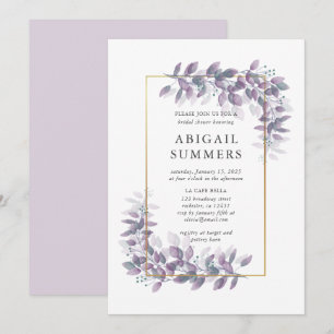 Invitation Violet Foliage et cadre doré douche nuptiale