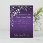Invitation Violet foncé avec des volutes florales argentées o (Debout devant)
