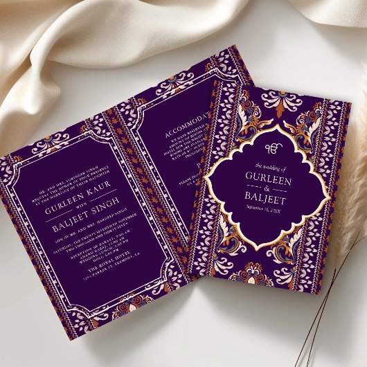 Invitation Violet foncé Jaune Ikat Combinaison Sikh Mariage