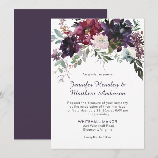 Invitation Violet foncé, mauve, rouge, rose Mariage floral (Devant / Derrière)