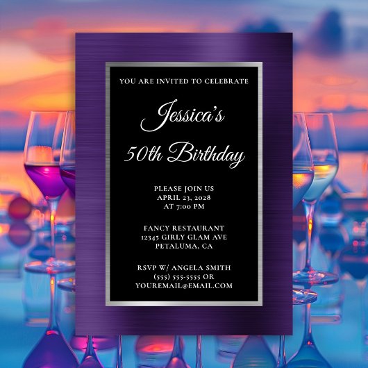 Invitation Violet foncé violet violet argenté noir 50e annive