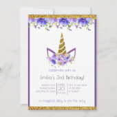 Invitation Violet frais | Unicorn fille anniversaire (Devant)