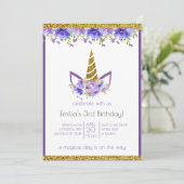 Invitation Violet frais | Unicorn fille anniversaire (Debout devant)