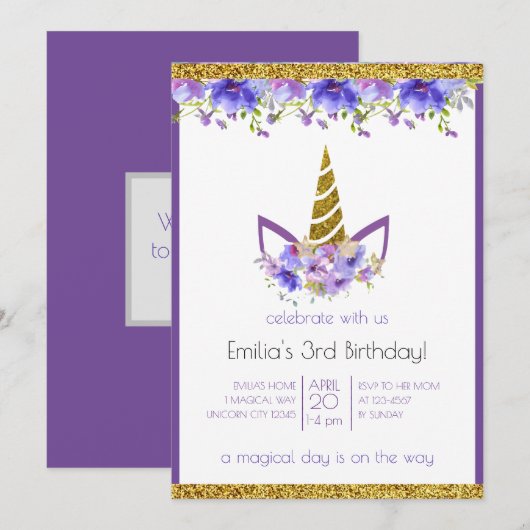 Invitation Violet frais | Unicorn fille anniversaire (Devant / Derrière)