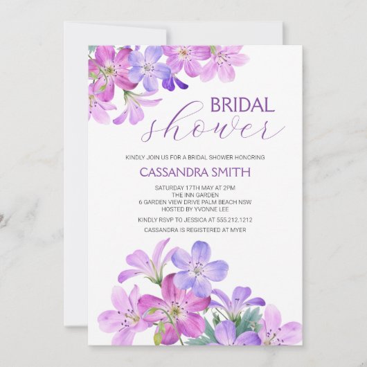 Invitation Violet Geranium Fête des mariées florale (Devant)