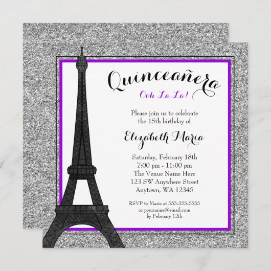Invitation Violet Glam Paris Faux Parties scintillant d'argen (Devant / Derrière)