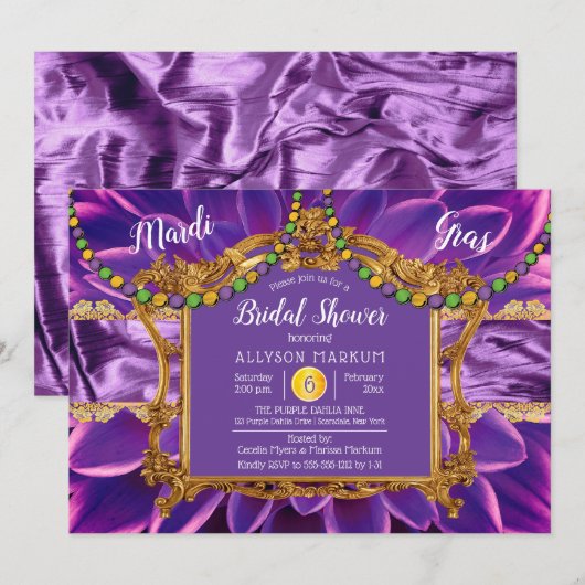 Invitation Violet | Gold Floral Mardi Gras Fête des mariées (Devant / Derrière)