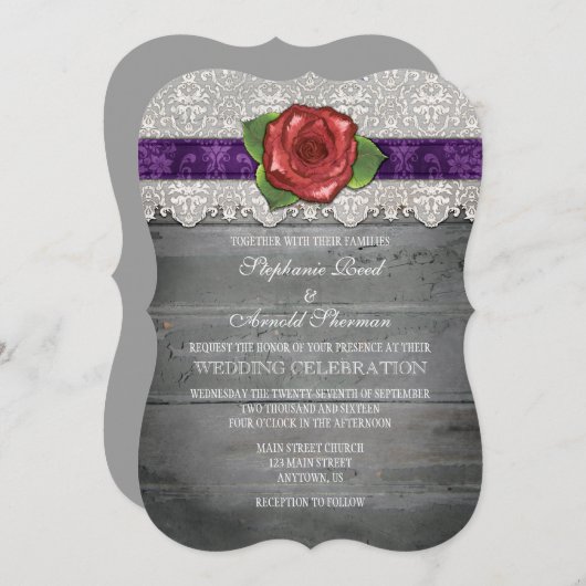 Invitation Violet Gris Rustique Bois Rose Mariage Inviter (Devant / Derrière)