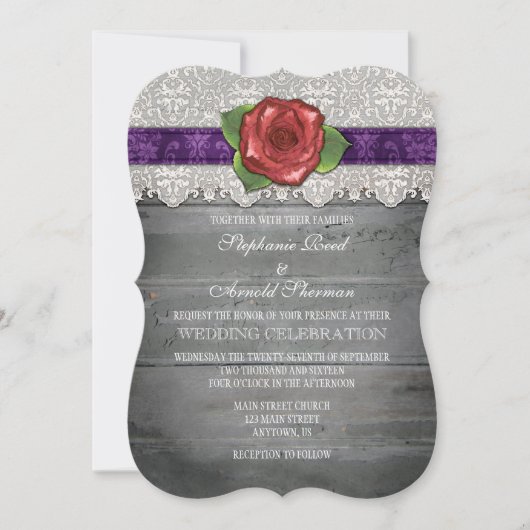 Invitation Violet Gris Rustique Bois Rose Mariage Inviter (Devant)