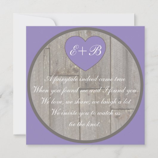 Invitation Violet gris rustique coeur rime mariage invite (Devant)