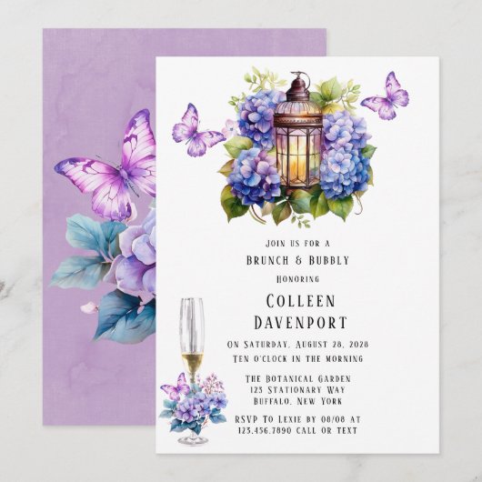 Invitation Violet Hydrangea Butterfly Brunch & Bubbly (Devant / Derrière)
