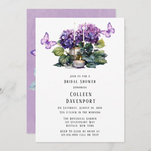 Invitation Violet Hydrangea Butterfly Candles Fête des mariée (Devant / Derrière)