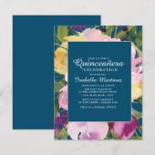 Invitation Violet Jaune Floral Marine Bleu Quinceañera (Devant / Derrière)