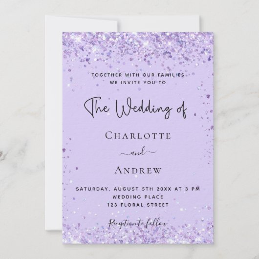 Invitation Violet lavande confetti script luxe mariage (Devant)