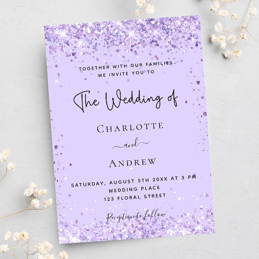Invitation Violet lavande confetti script luxe mariage