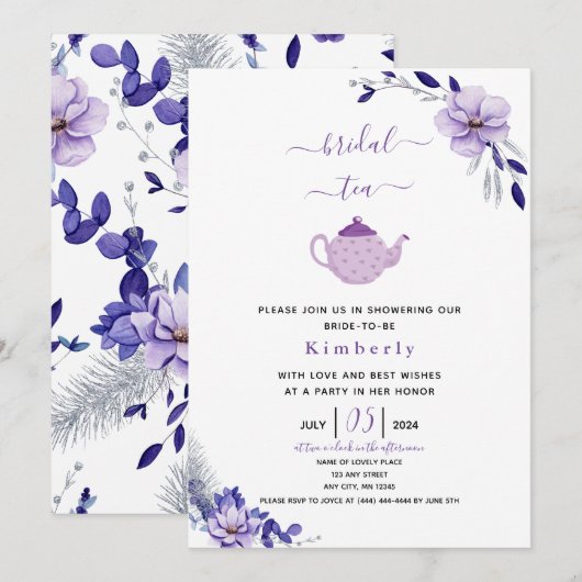 Invitation Violet Lavande et Argent Floral Thé nuptial (Devant / Derrière)