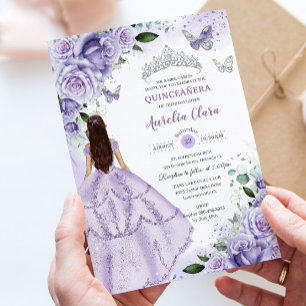 Invitation Violet Lavande Floral Argent Quinceanera Sweet 16