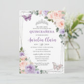 Invitation Violet Lilac Blush Floral Argent Quinceañera XV 16 (Debout devant)