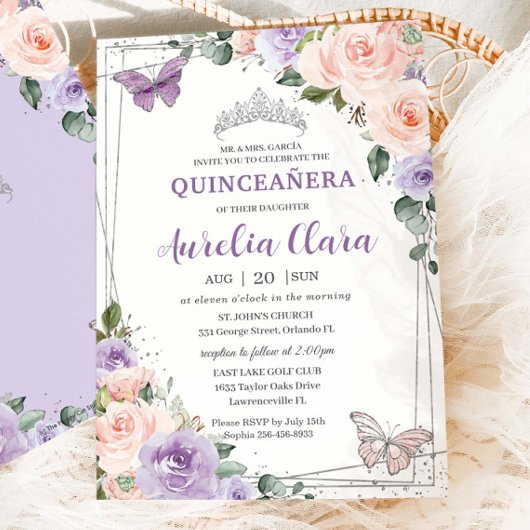 Invitation Violet Lilac Blush Floral Argent Quinceañera XV 16
