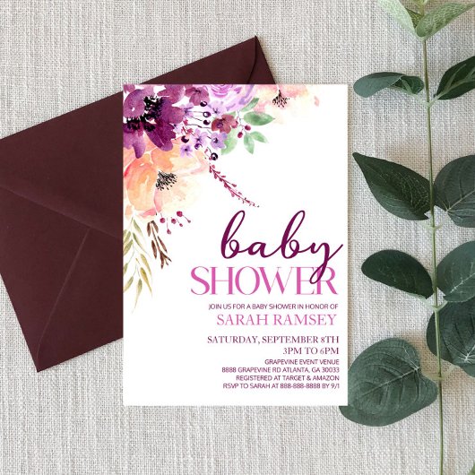 Invitation Violet Magenta Fall Floral Flowers Baby shower