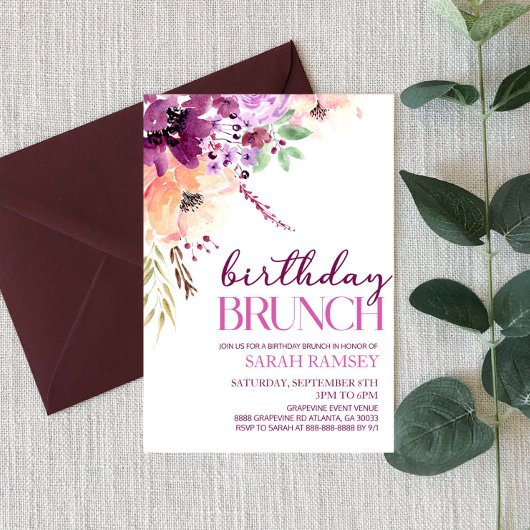 Invitation Violet Magenta Purple Floral Anniversaire Brunch
