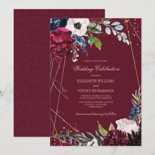 Invitation Violet | Mariage géométrique floral bleu marine (Devant / Derrière)