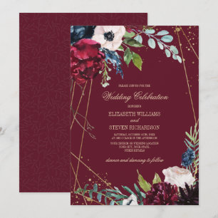 Invitation Violet   Mariage géométrique floral bleu marine