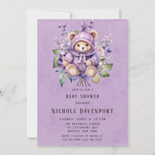 Invitation Violet mignon Ours En Teddy Floral Fille Baby show (Devant)