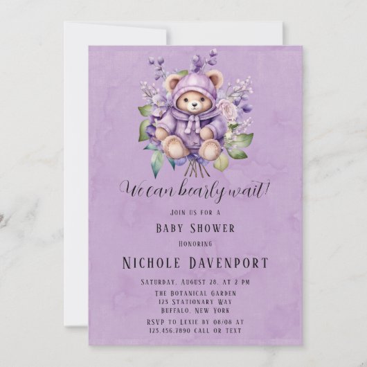Invitation Violet mignon Ours Teddy Floral Nous Pouvons Atten (Devant)